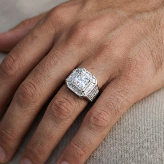 Iced Out 6.37CT Moissanite Princess Cut Baguette Halo Ring in Premium Sterling Silver