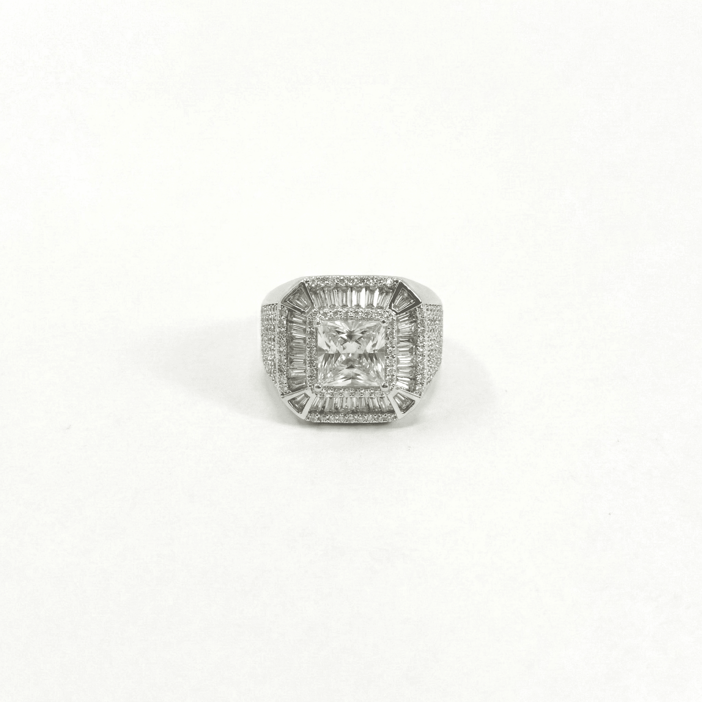 Iced Out 6.37CT Moissanite Princess Cut Baguette Halo Ring in Premium Sterling Silver
