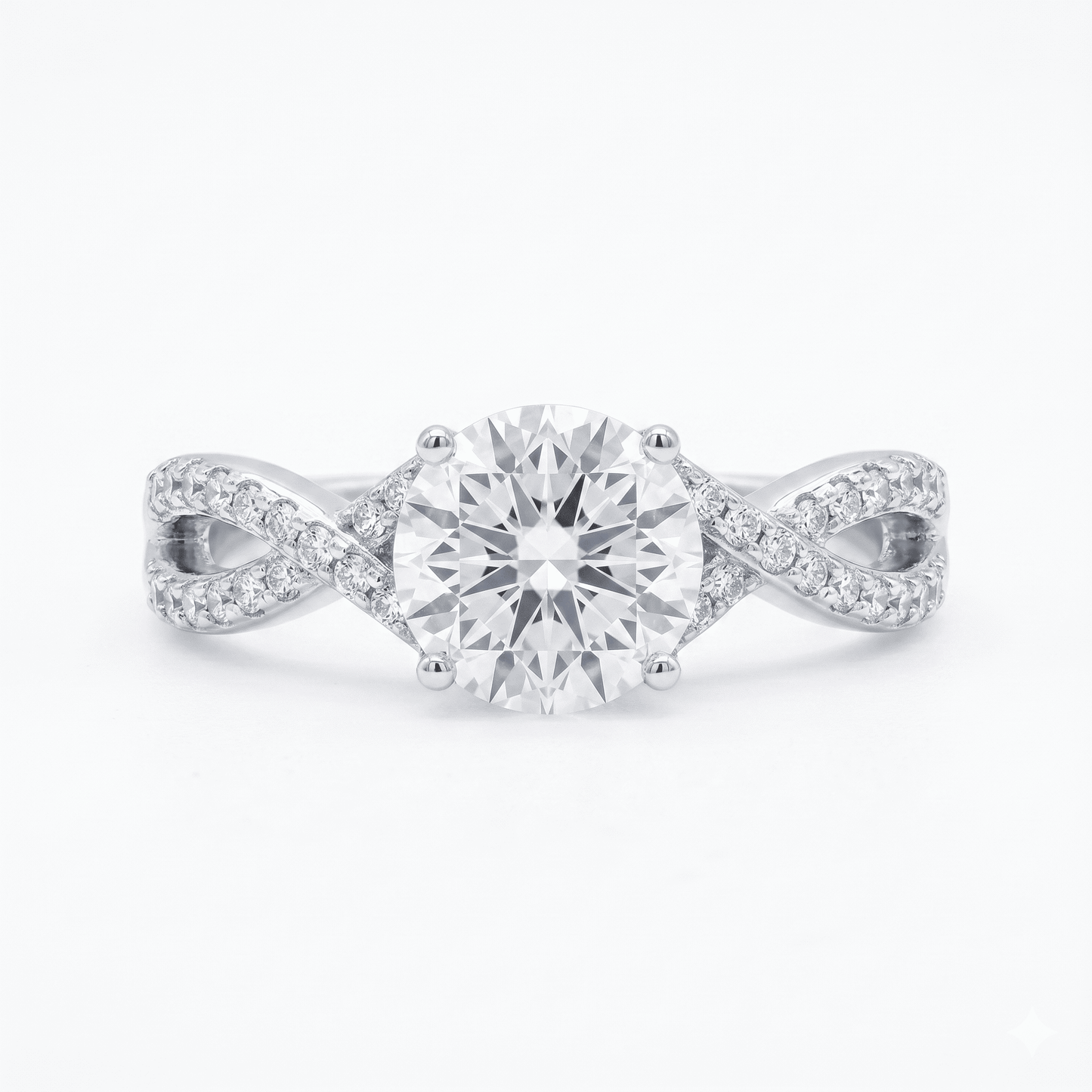 Iced Out 1.38CT Moissanite round solitaire ring with a twisted band in Premium Sterling Silver