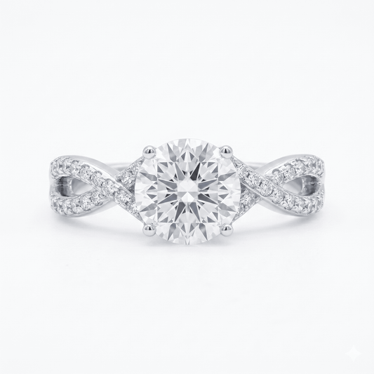 Iced Out 1.38CT Moissanite round solitaire ring with a twisted band in Premium Sterling Silver
