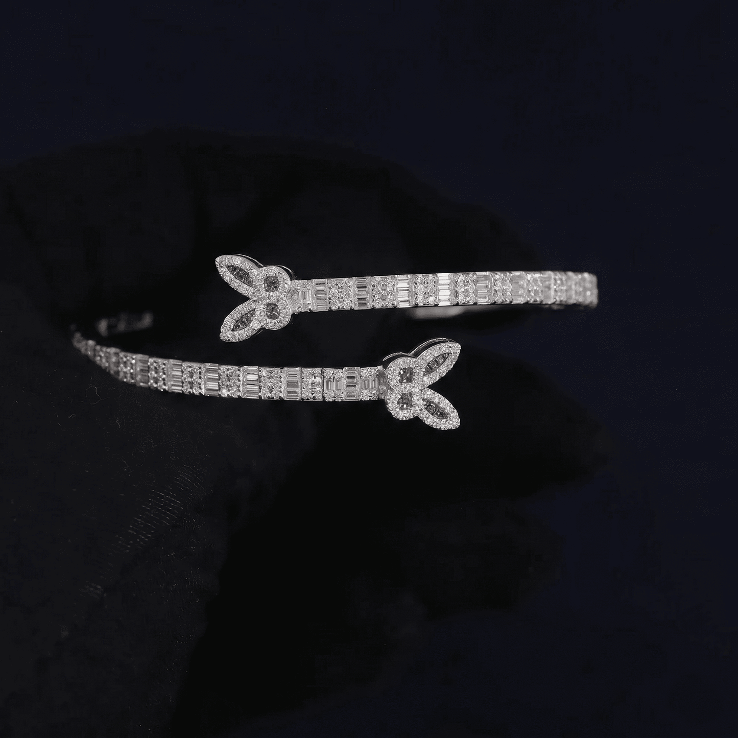 Iced Out 4.5CT Moissanite Baguette Butterfly Open Cuff Bangle in Premium Sterling Silver