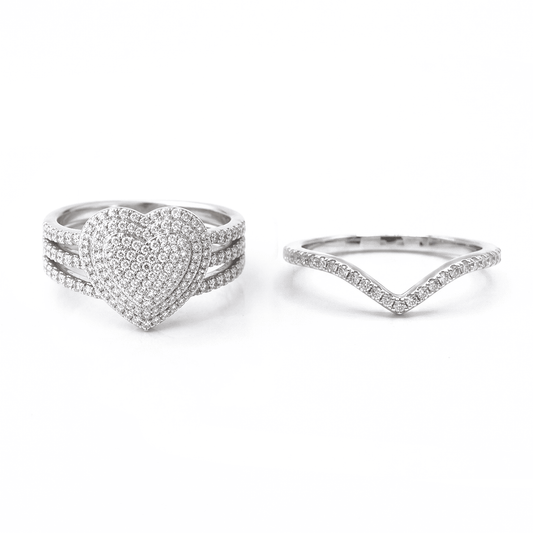 Iced Out 2 Piece 1.24CT Moissanite Heart Ring Set in Premium Sterling Silver
