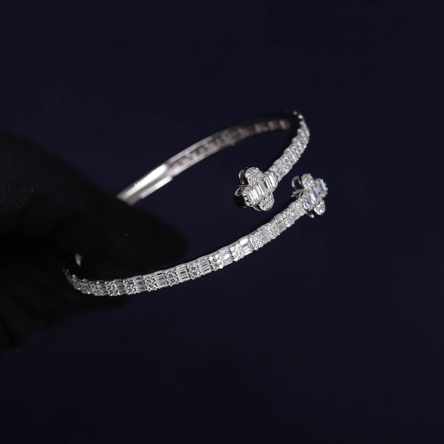 Iced Out 4.32CT Moissanite Baguette Floral Open Cuff Bangle in Premium Sterling Silver
