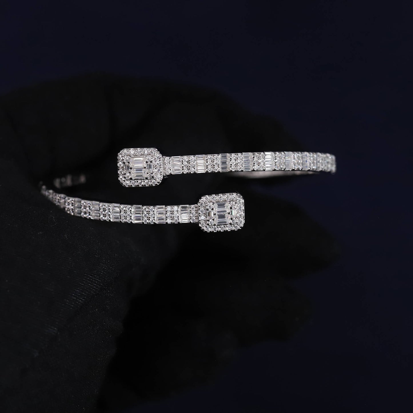 Iced Out 4.37CT Moissanite Baguette Rounded Rectangle Open Cuff Bangle in Premium Sterling Silver
