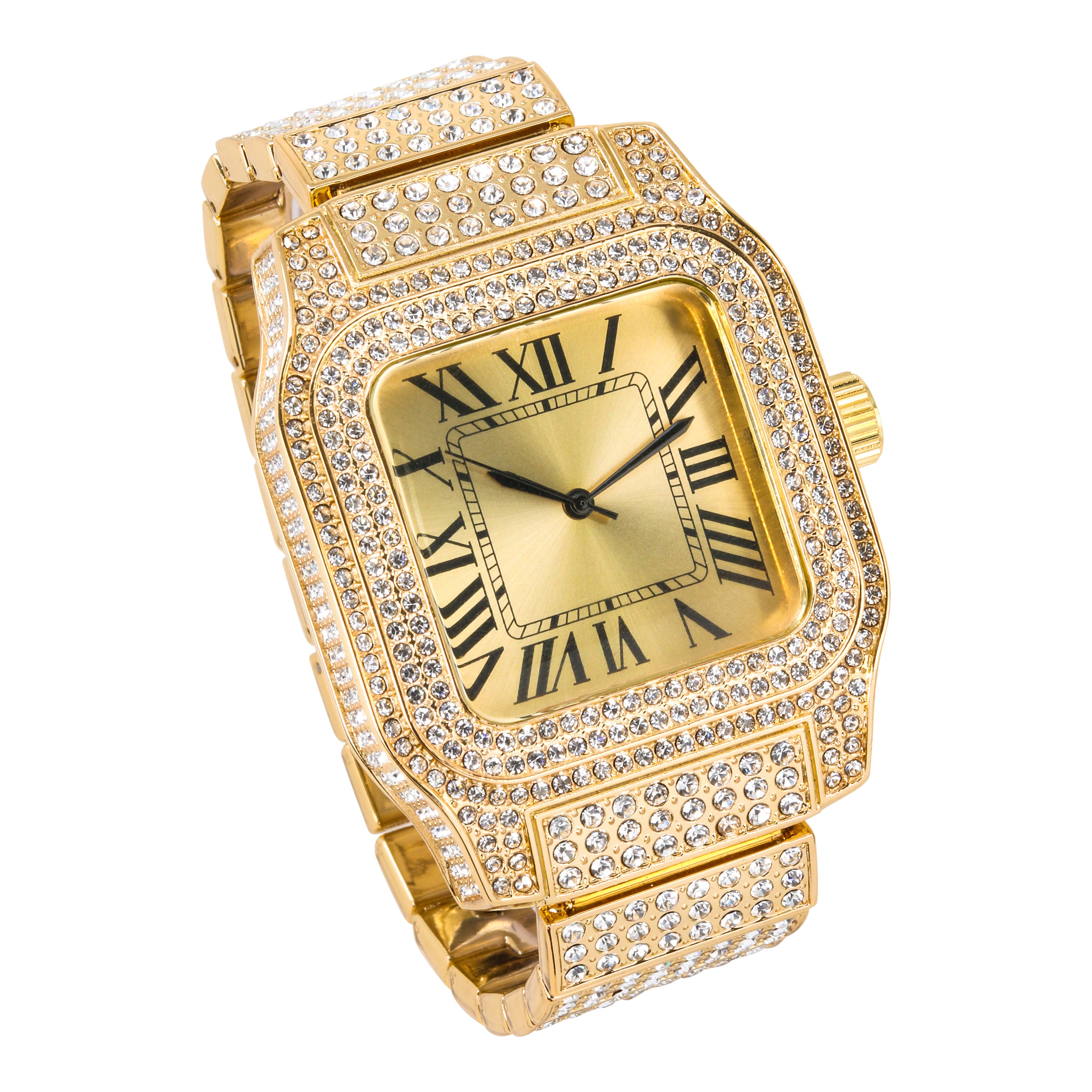 Men's Square Dial Watch 45mm Gold - "Fully Iced Band"
