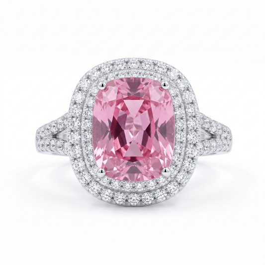 Iced Out 3.92CT Moissanite Cushion Cut Pink Stone Split Shank Ring in Premium Sterling Silver