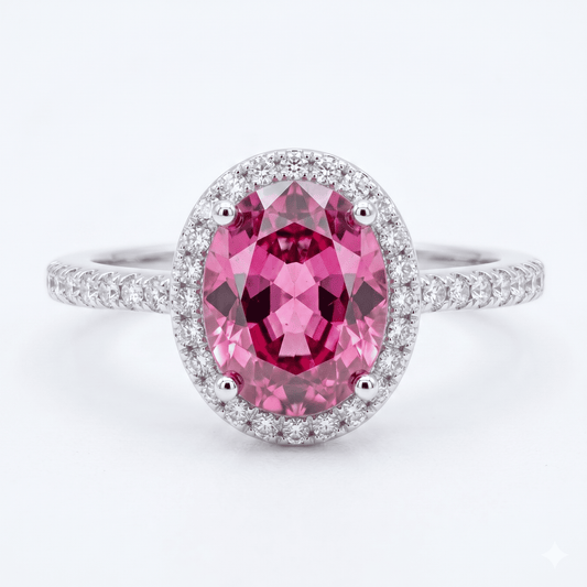 Iced Out 2.26CT Moissanite Oval Cut Pink Stone Halo Ring in Premium Sterling Silver