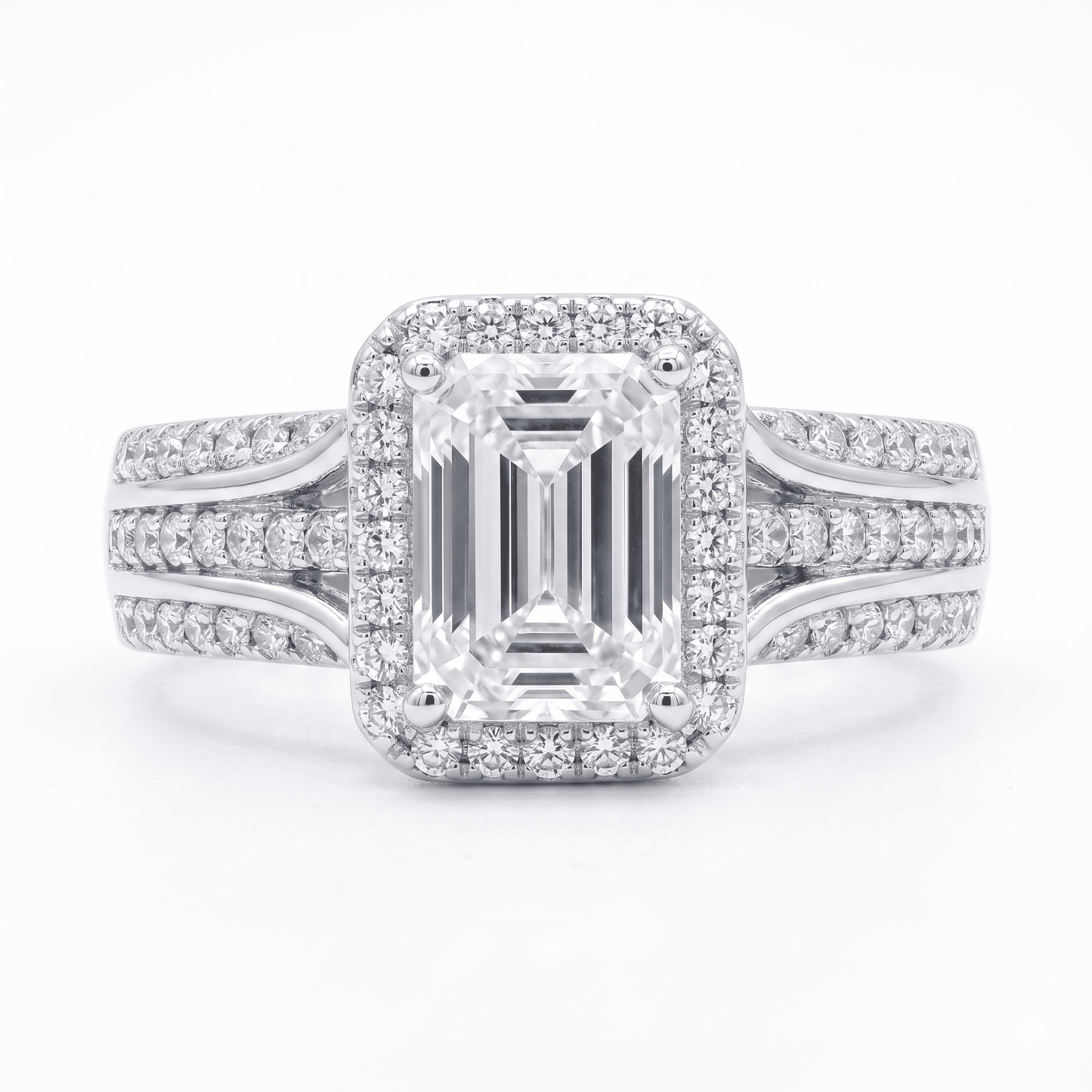 Iced Out 1.38ct Moissanite Emerald Cut Halo Ring in Premium Sterling Silver