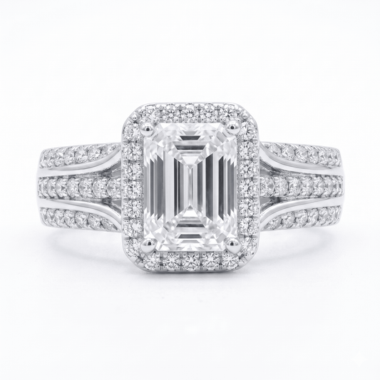Iced Out 1.38ct Moissanite Emerald Cut Halo Ring in Premium Sterling Silver
