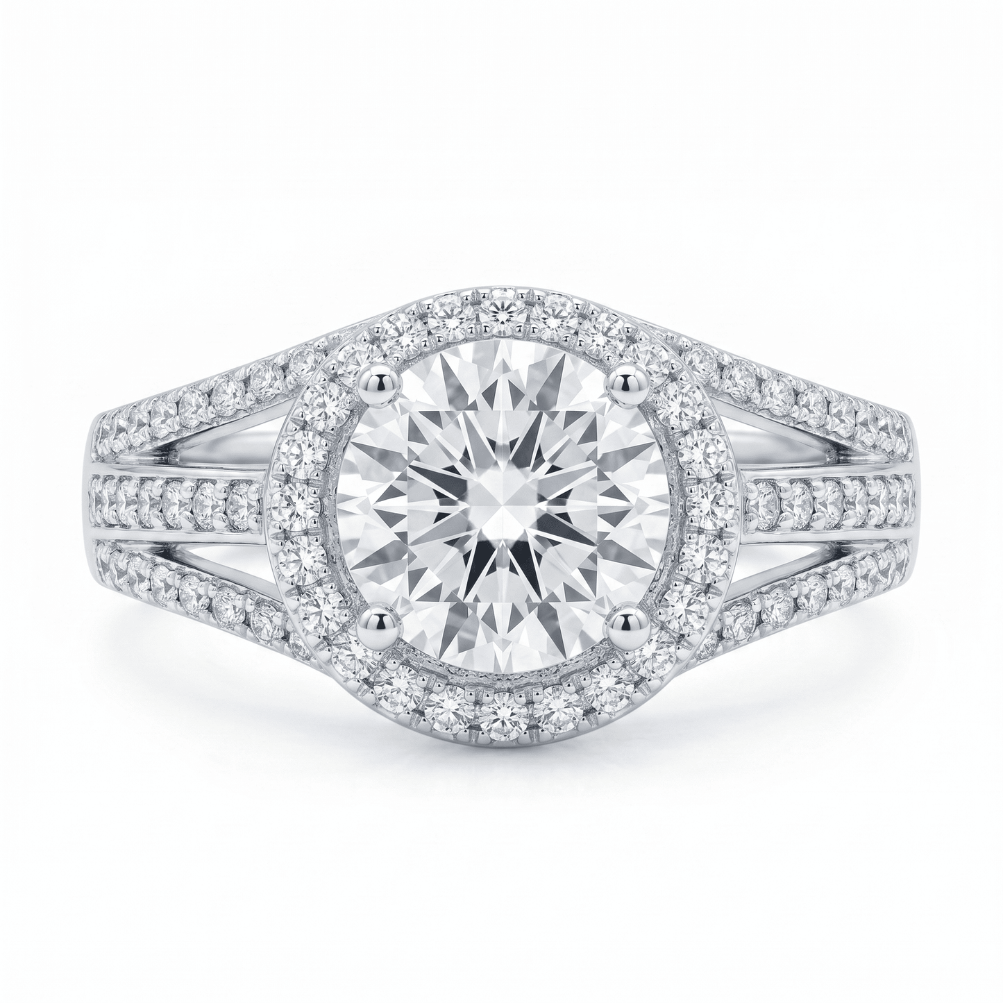 Iced Out 2.57CT Moissanite Round Halo Split Shank Ring in Premium Sterling Silver
