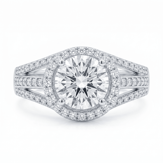 Iced Out 2.57CT Moissanite Round Halo Split Shank Ring in Premium Sterling Silver