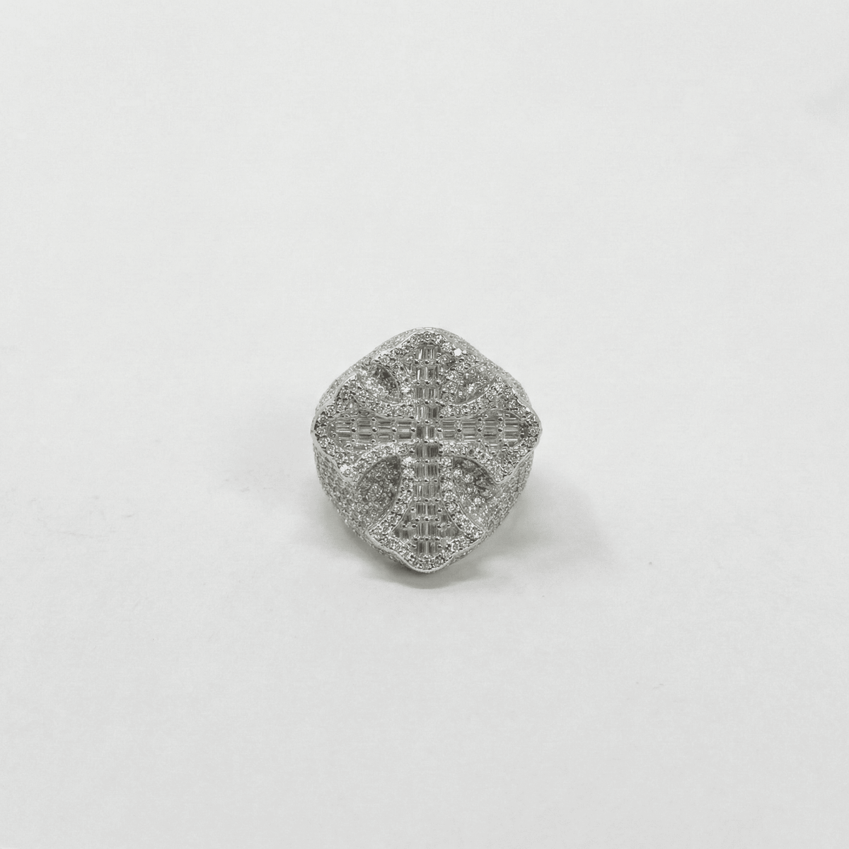 Iced Out 6.28CT Moissanite Flared Baguette Cross Ring in Premium Sterling Silver