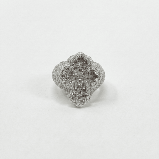 Iced Out 6.71CT Moissanite Flared Baguette Cross Ring in Premium Sterling Silver