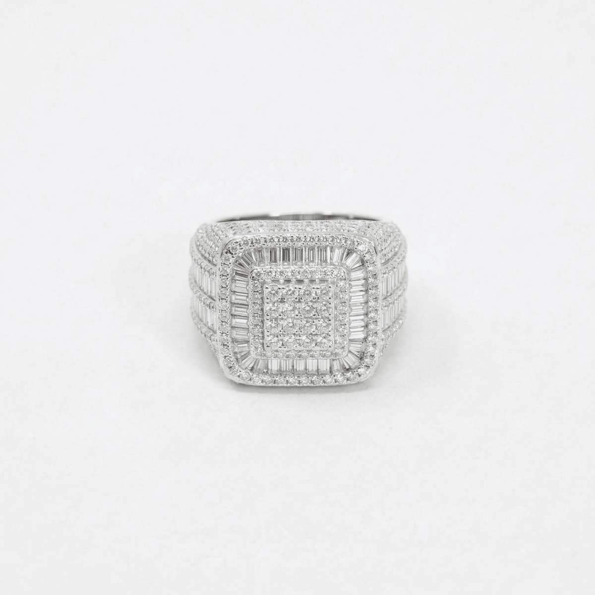 Iced Out 6.09CT Moissanite Cushion Baguette Halo Ring in Premium Sterling Silver