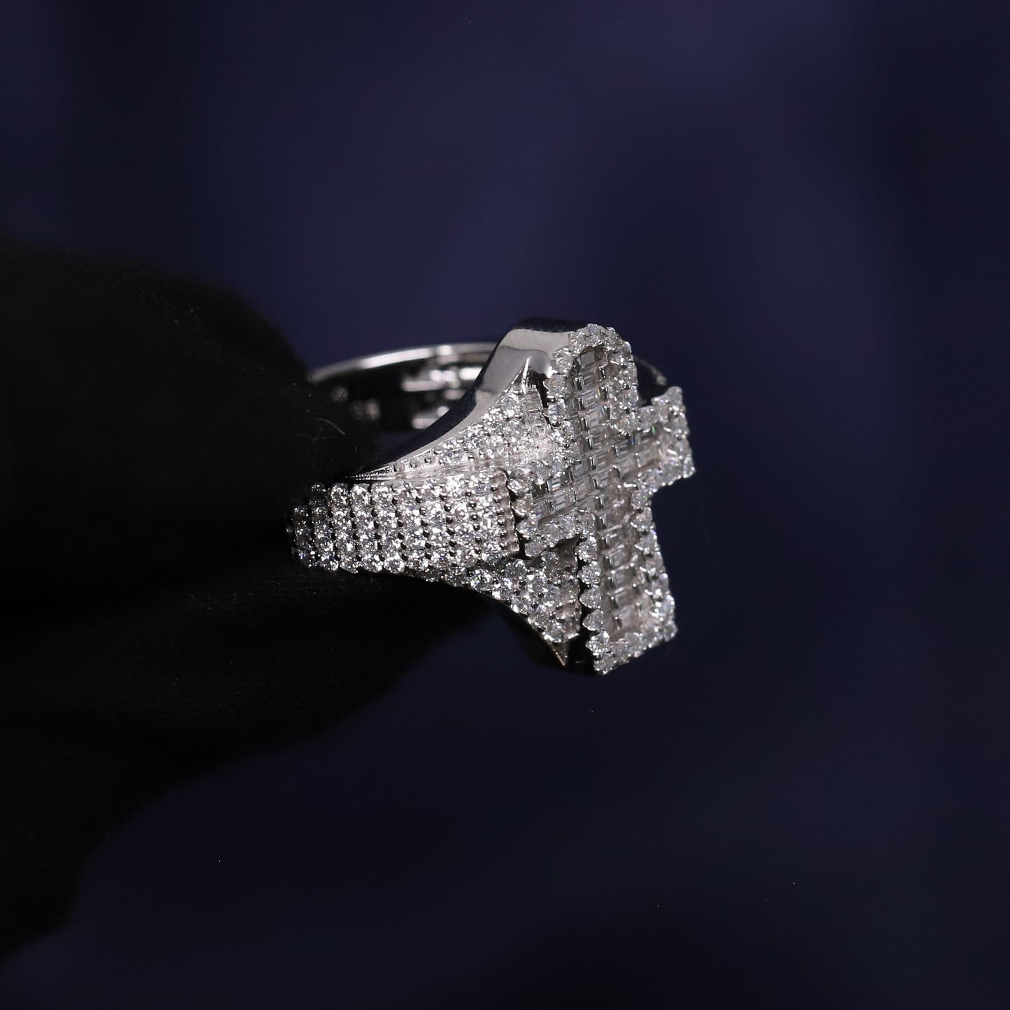 Iced Out 1.79CT Moissanite Baguette Cross Ring in Premium Sterling Silver