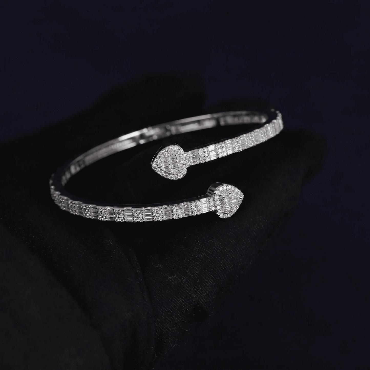 Iced Out 3.26CT Moissanite Baguette Heart Open Cuff Bangle in Premium Sterling Silver