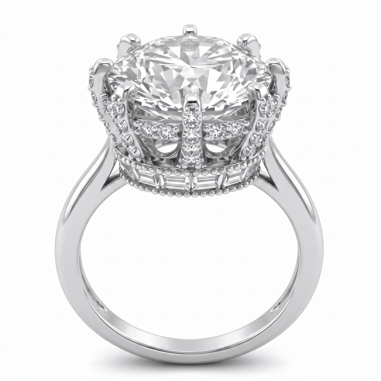Iced Out 4.23CT Moissanite Round & Baguette Cut Crown Halo Ring