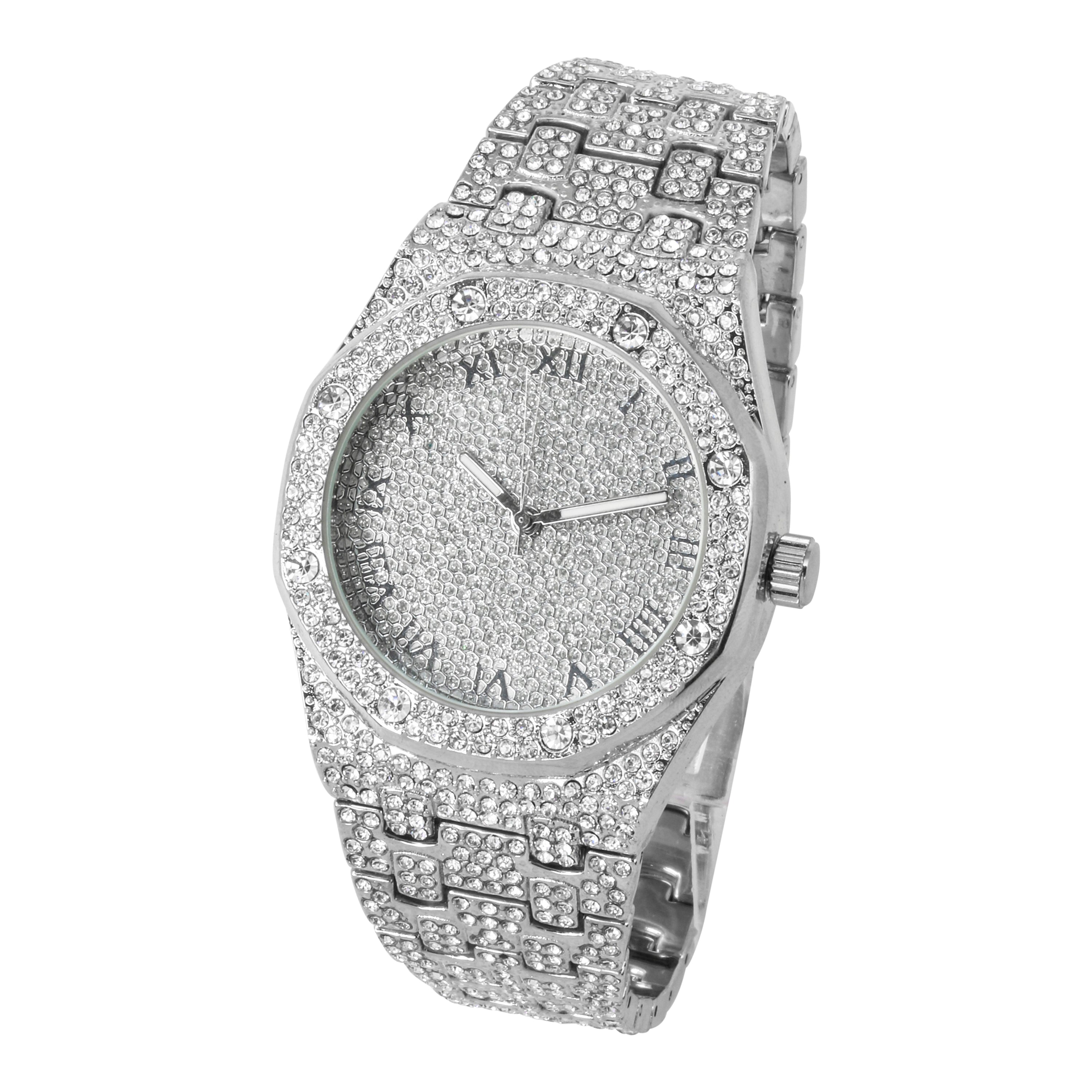 Men's 40mm Silver Octagon Bezel - "Fully Iced Out Watch"