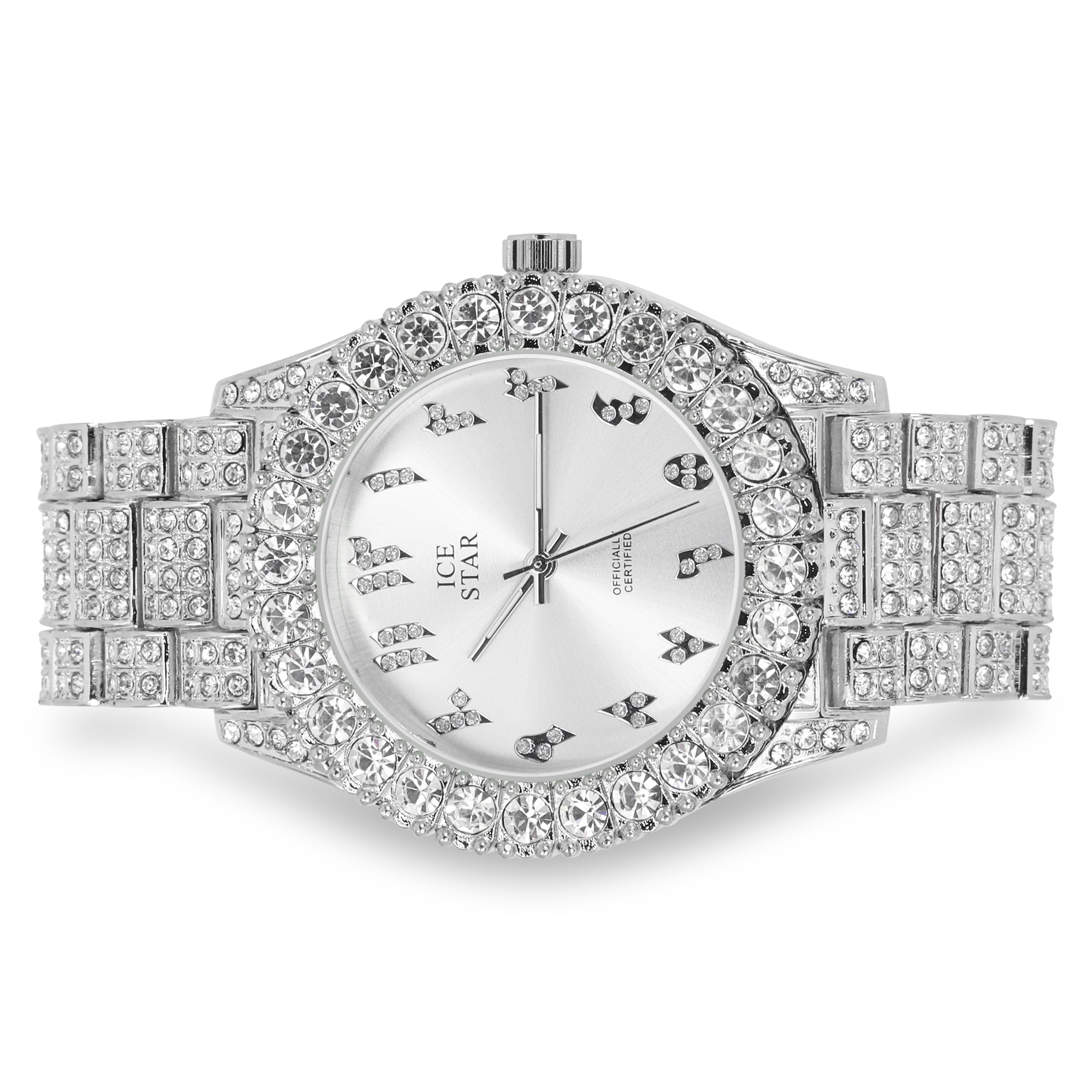 Women's Round Iced Out Watch 44mm Silver - Arabic Dial