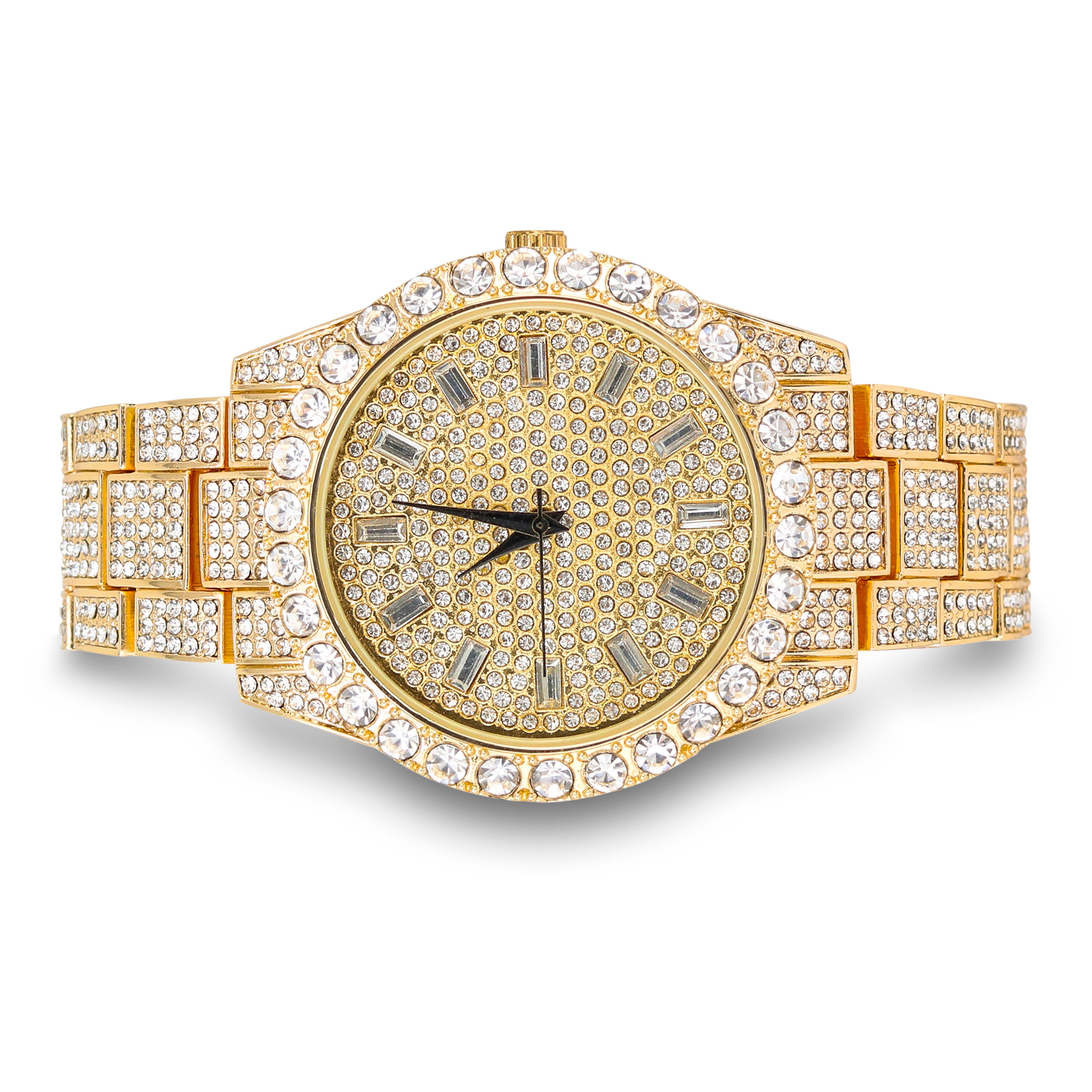 Men's Round Iced Out Watch 44mm Gold - Baguette Dial
