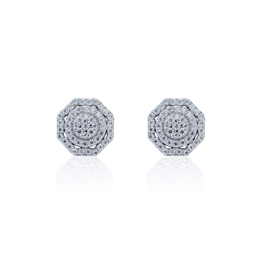 Sterling silver 10mm octagon moissanite diamond cluster stud earrings on white background.