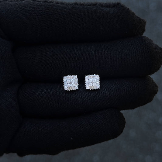 Silver 7mm square moissanite cluster earrings shown on black glove to display diamond detail.