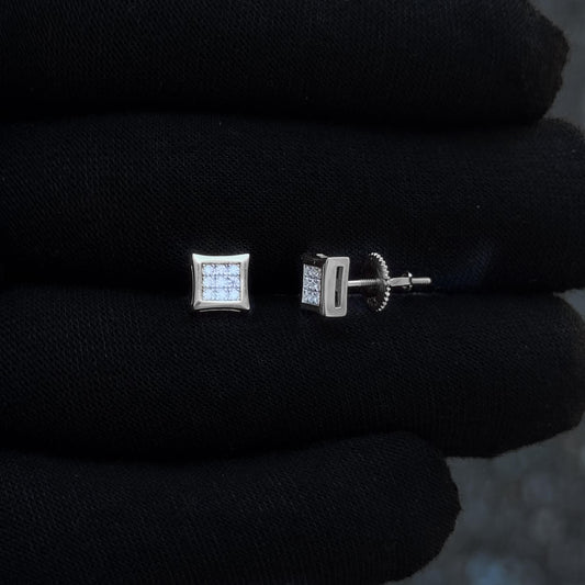 Sterling silver 6mm square moissanite cluster earrings shown on black glove with screw backs.
