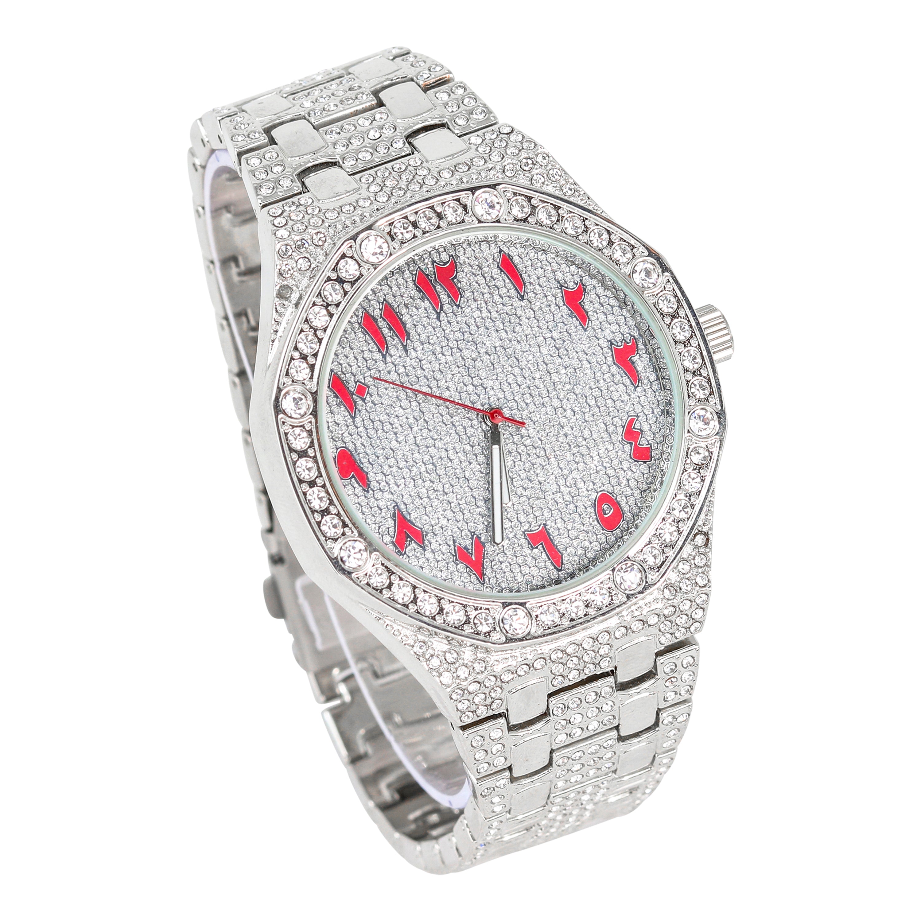 46mm Octagon Arab Dial Watch Silver Red