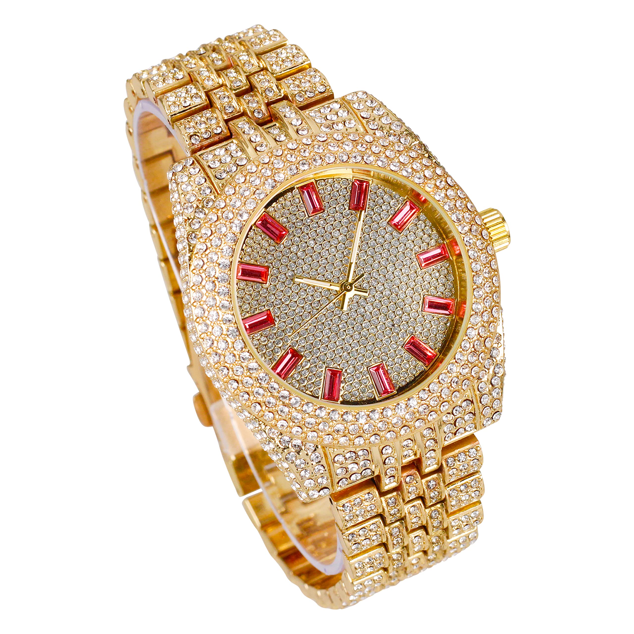Women's Round Iced Out Watch 43mm Gold - Baguette Dial