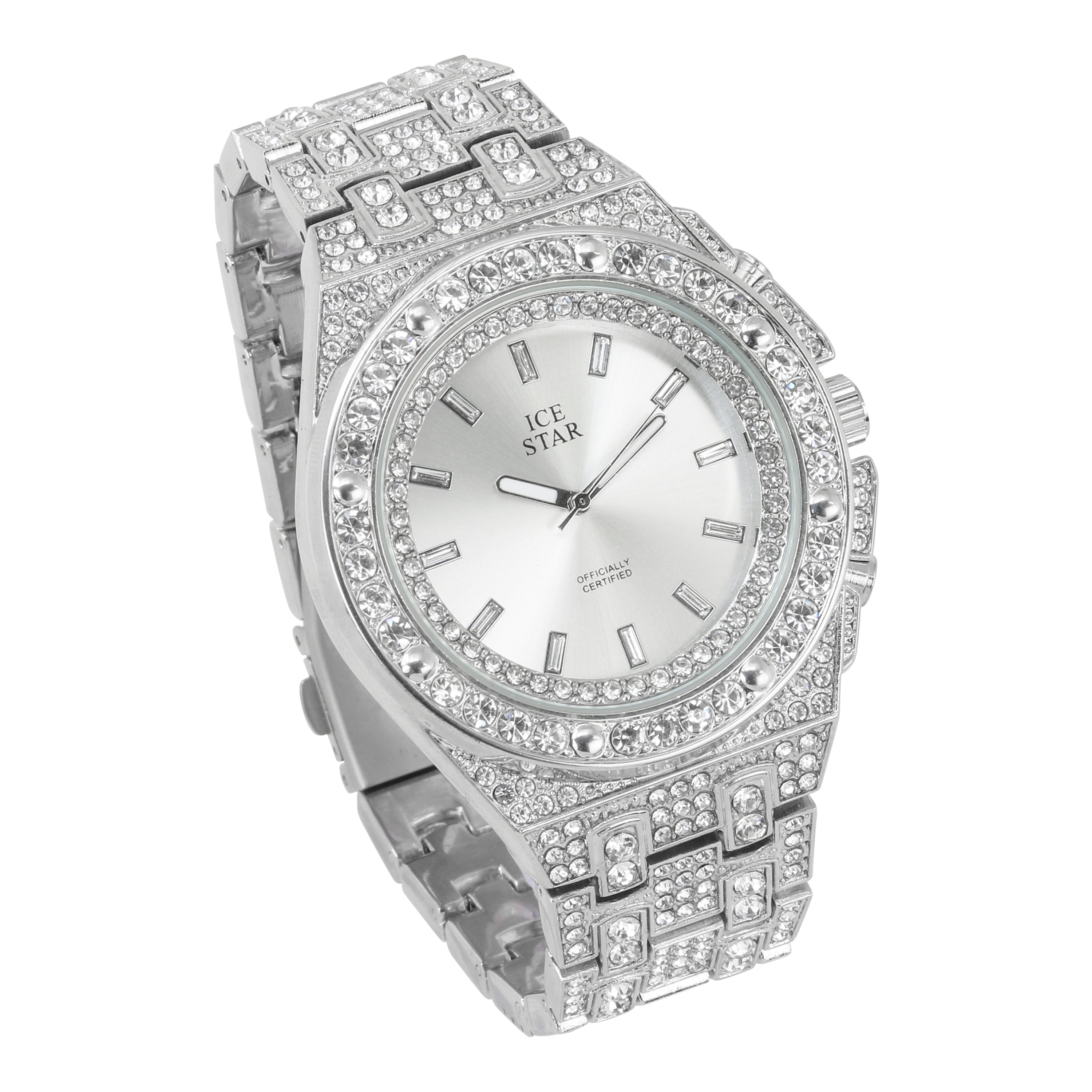 Men's Round Iced Out Watch 45mm Silver- Baguette Dial