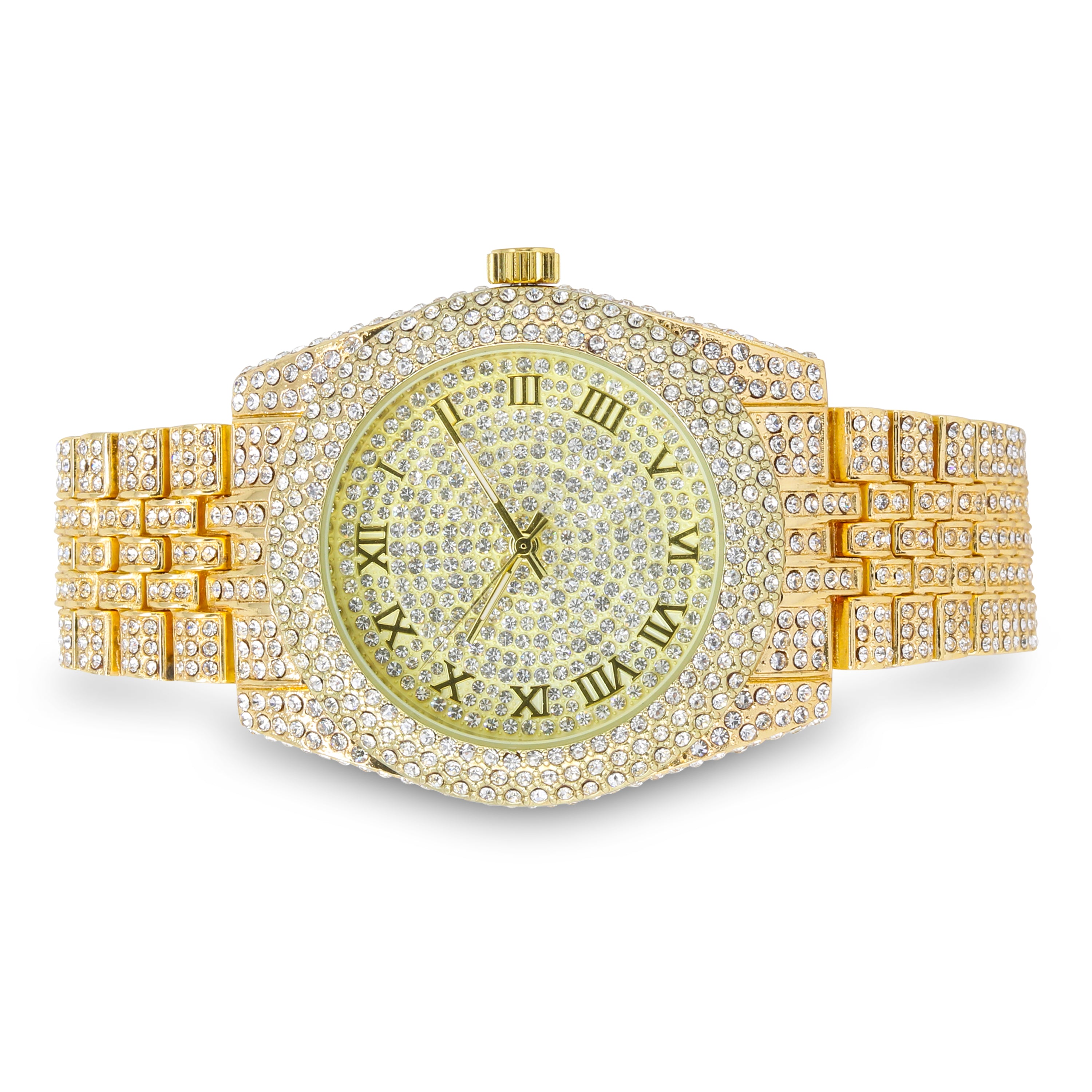 Women's Round Iced Out Watch 43mm Gold - Roman Dial