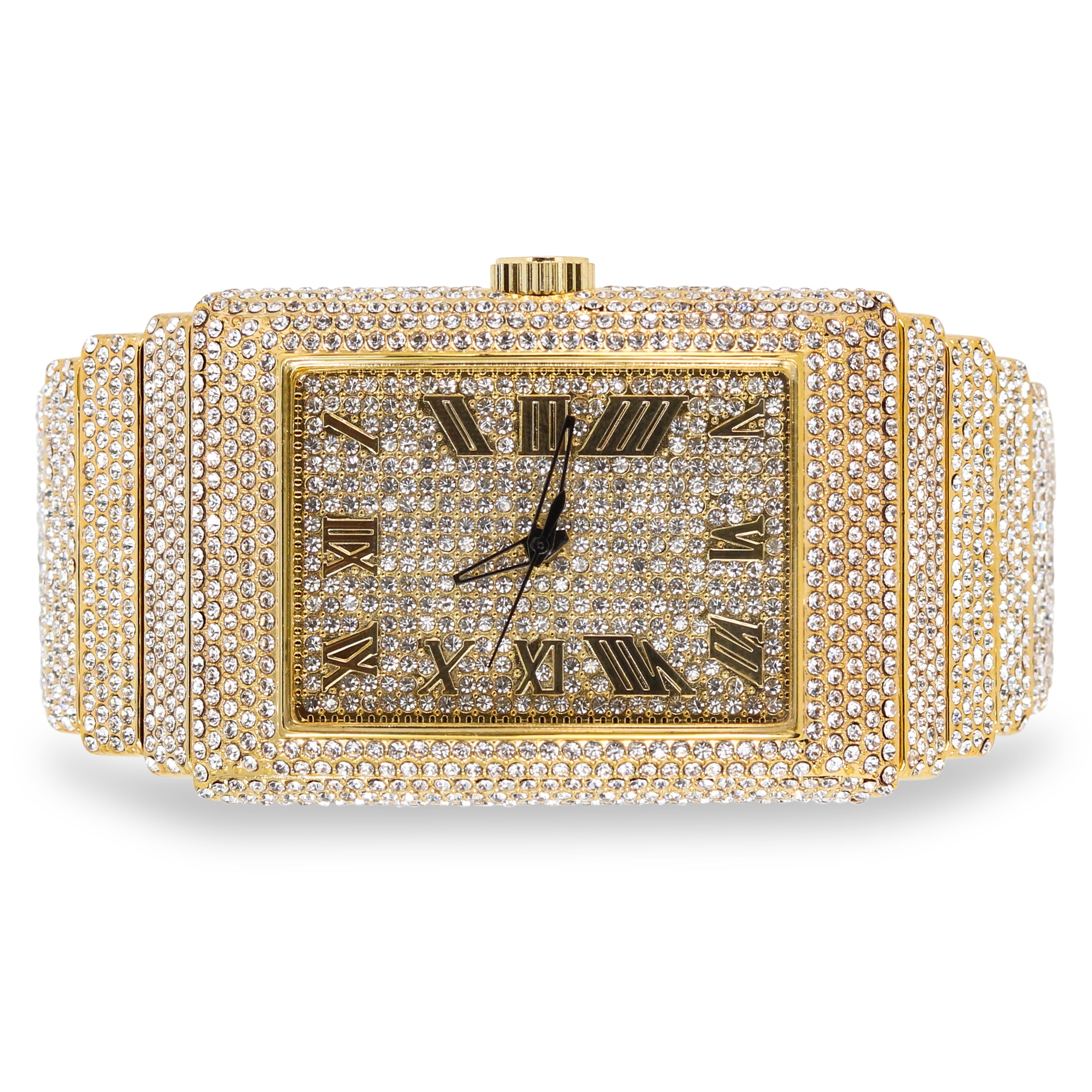 Men's Rectangle Chandelier Watch 40mm Gold - Fully Iced Band