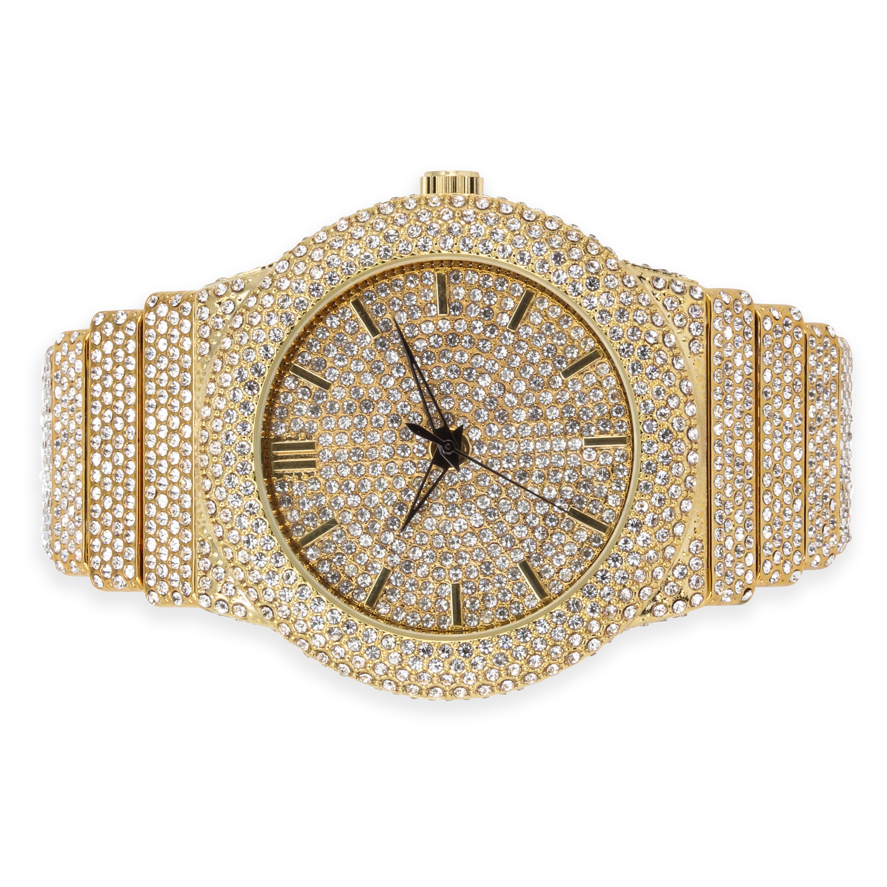 Men's Round Chandelier Watch 46mm Gold - "Fully Iced Band"