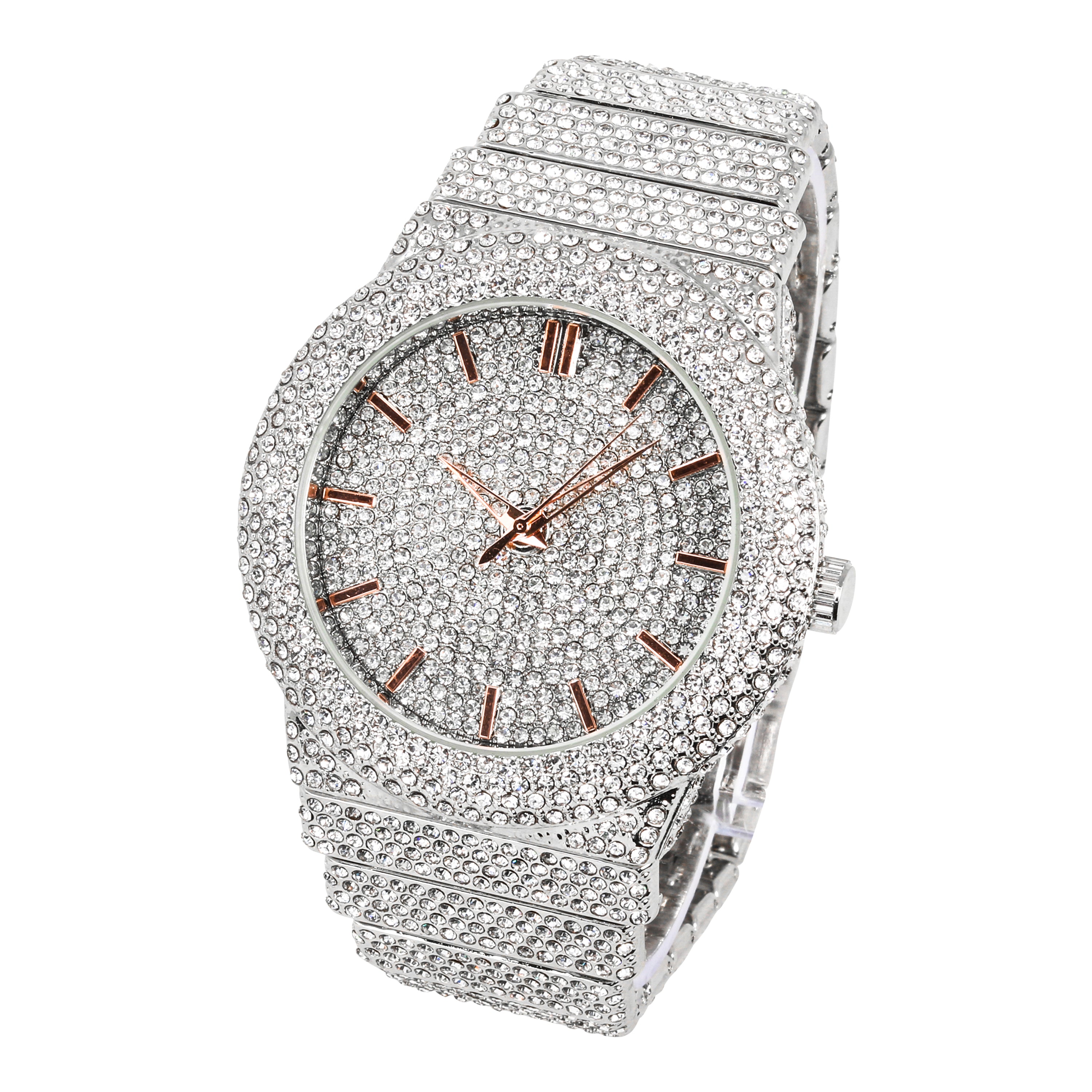 Men's Round Chandelier Watch 46mm Silver - "Fully Iced Band"