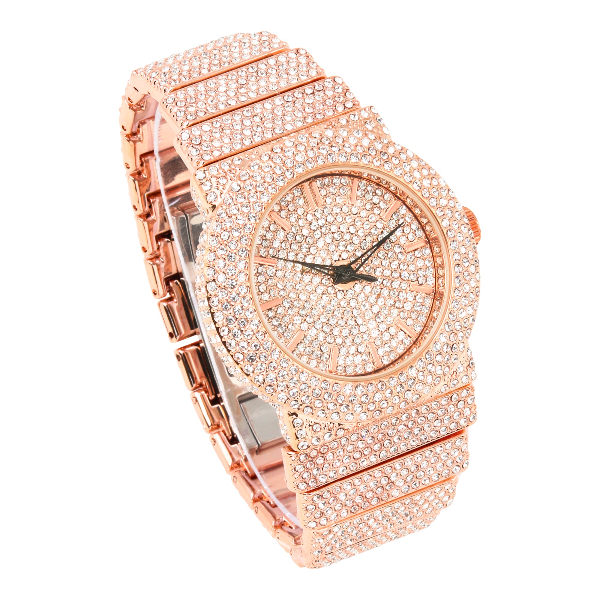 Women's Round Chandelier Watch 40mm Rose Gold - Fully Iced Band