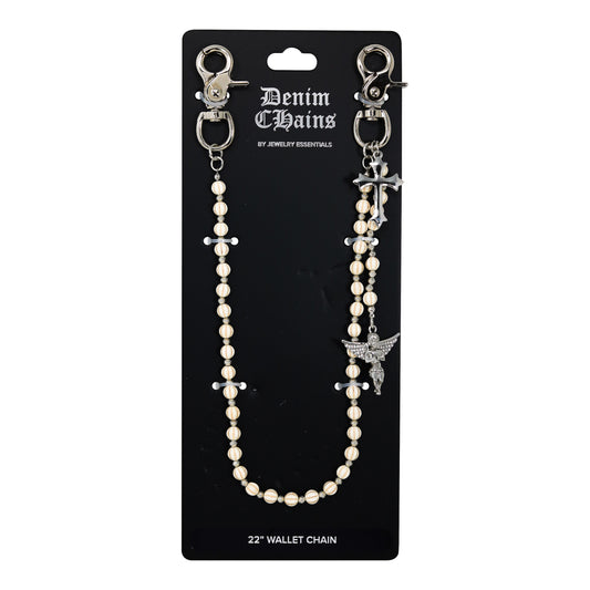 Denim Chains wallet chain on a black card with product details.
