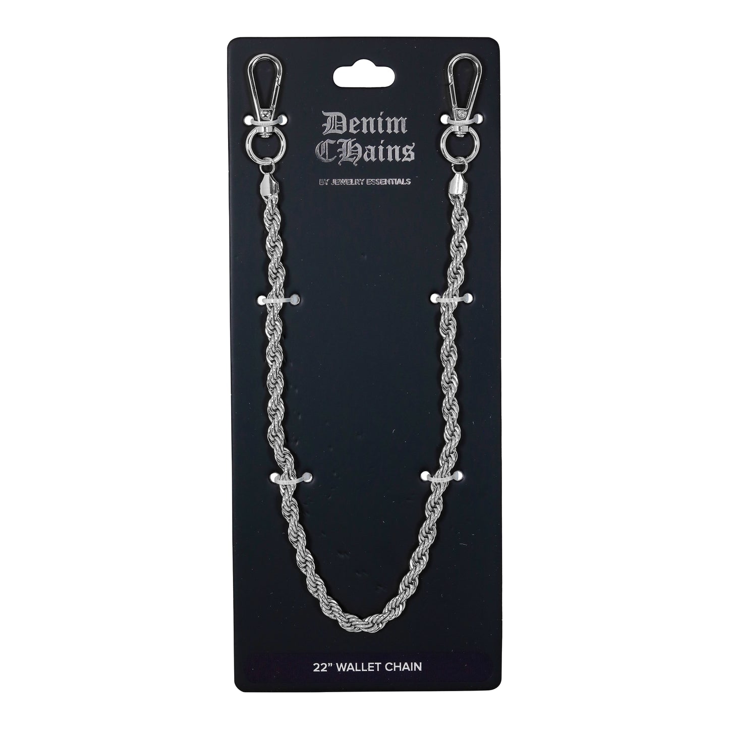 Silver wallet chain on a black card with 'Denim Chains' branding.