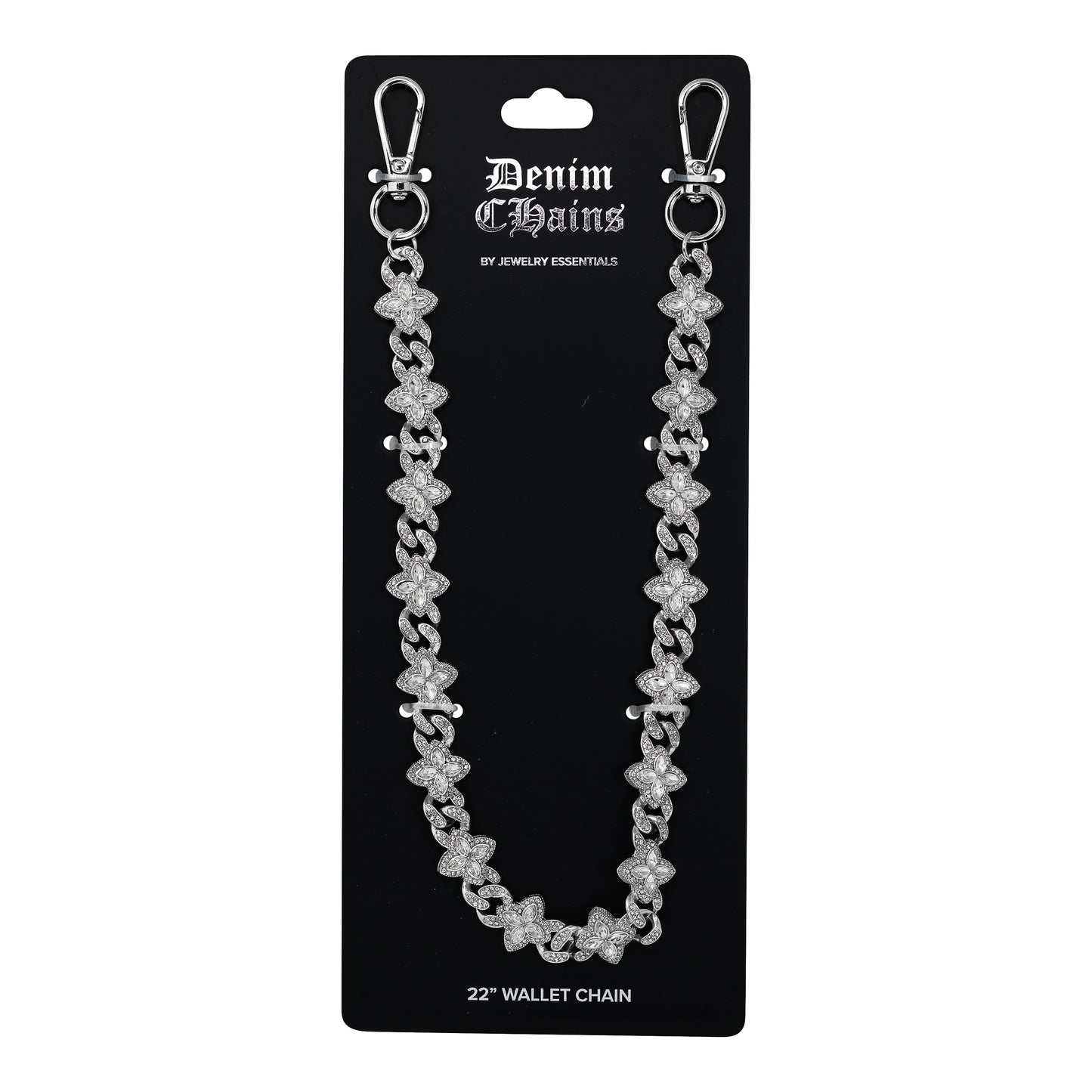 Silver chain wallet chain on a black card with 'Denim Chains' branding.