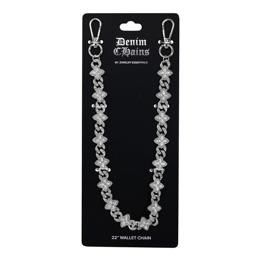 Silver chain wallet chain on a black card with 'Denim Chains' branding.