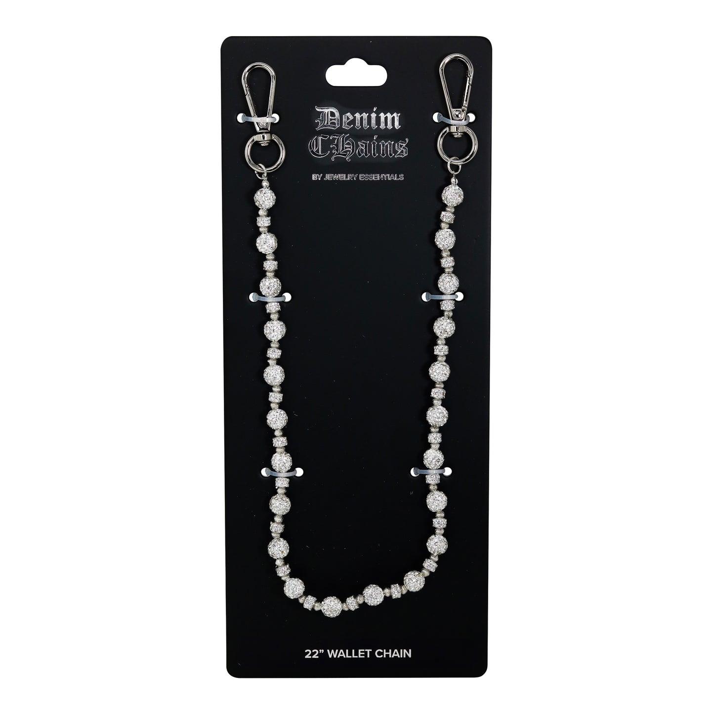Beaded wallet chain on a Denim Chains branded card with a white background