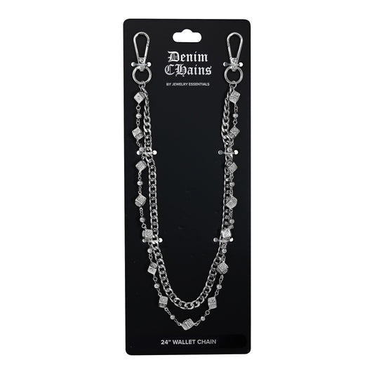 Denim Chains wallet chain on a black card with brand name.