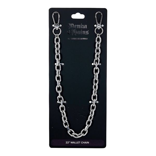 Silver chain wallet strap on a black card with 'Denim & Hales' branding.