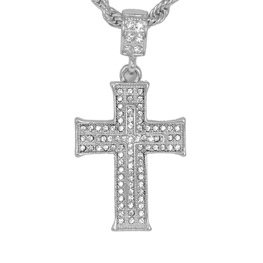 Iced Medium Cross Pendant with 4mm Rope Chain 24" - HC-1006