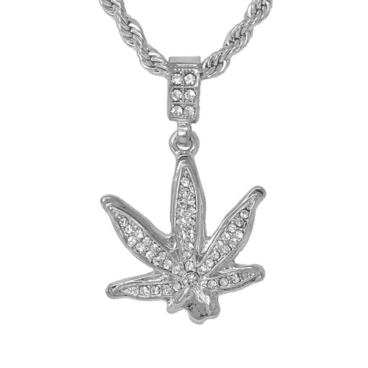 Iced Medium Leaf Pendant with 4mm Rope Chain 24" - HC-1014