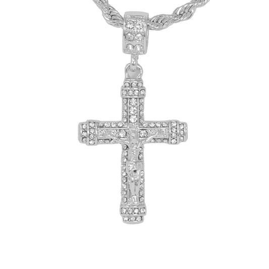 Iced Medium Crucifix Pendant with 4mm Rope Chain 24" - HC-1023