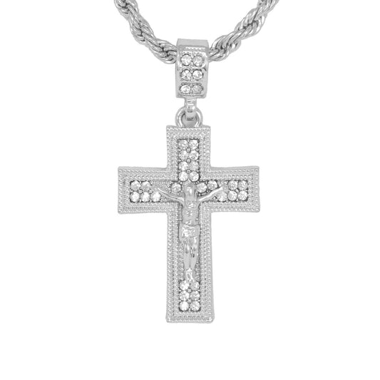 Iced Medium Crucifix Pendant with 4mm Rope Chain 24" - HC-1026