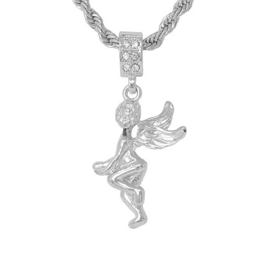 Iced Medium Angel Pendant with 4mm Rope Chain 24" - HC-1035*