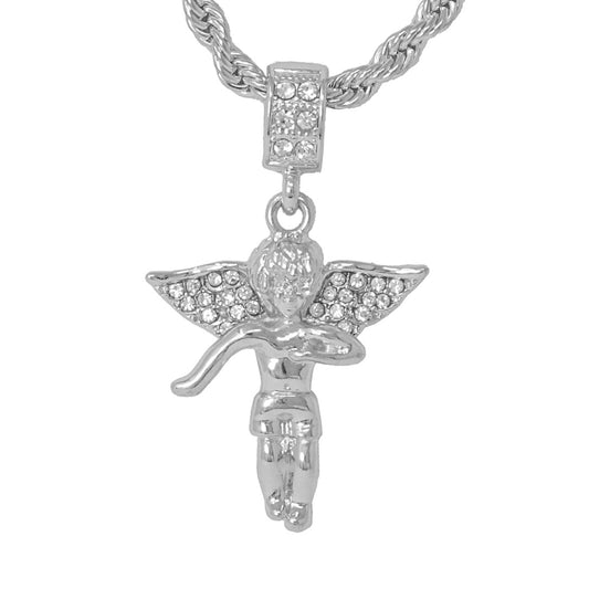 Iced Medium Angel Pendant with 4mm Rope Chain 24" - HC-1036