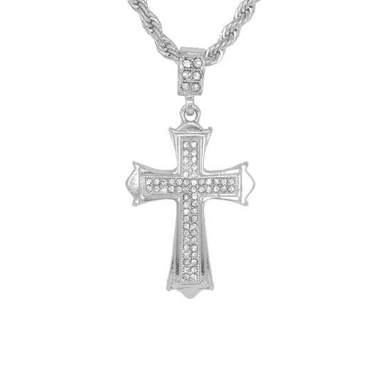 Iced Medium Cross Pendant with 4mm Rope Chain 24" - HC-1040