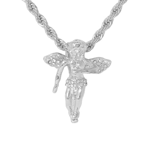Iced Medium Angel Pendant with 4mm Rope Chain 24" - HC-1043*